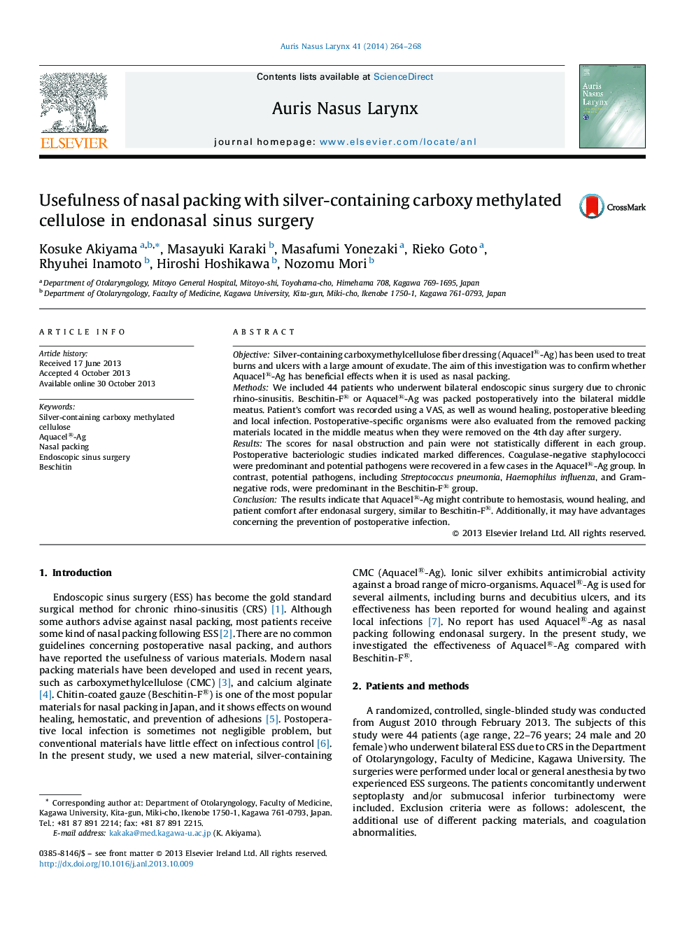 Usefulness of nasal packing with silver-containing carboxy methylated cellulose in endonasal sinus surgery
