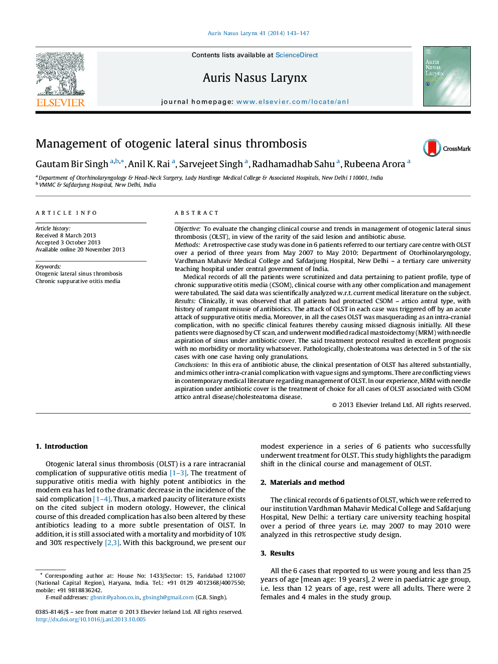 Management of otogenic lateral sinus thrombosis