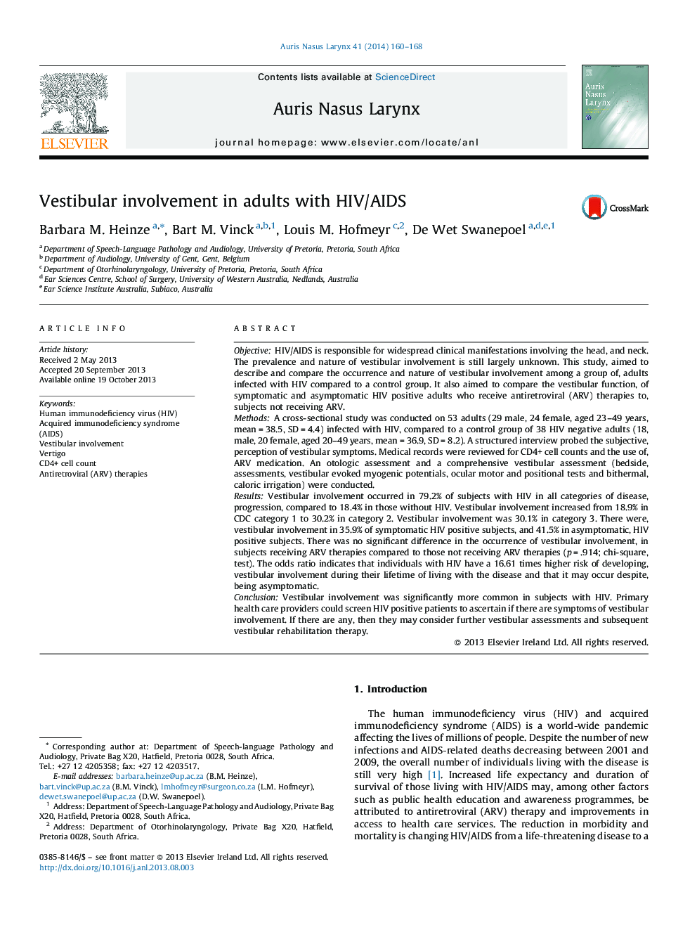 Vestibular involvement in adults with HIV/AIDS