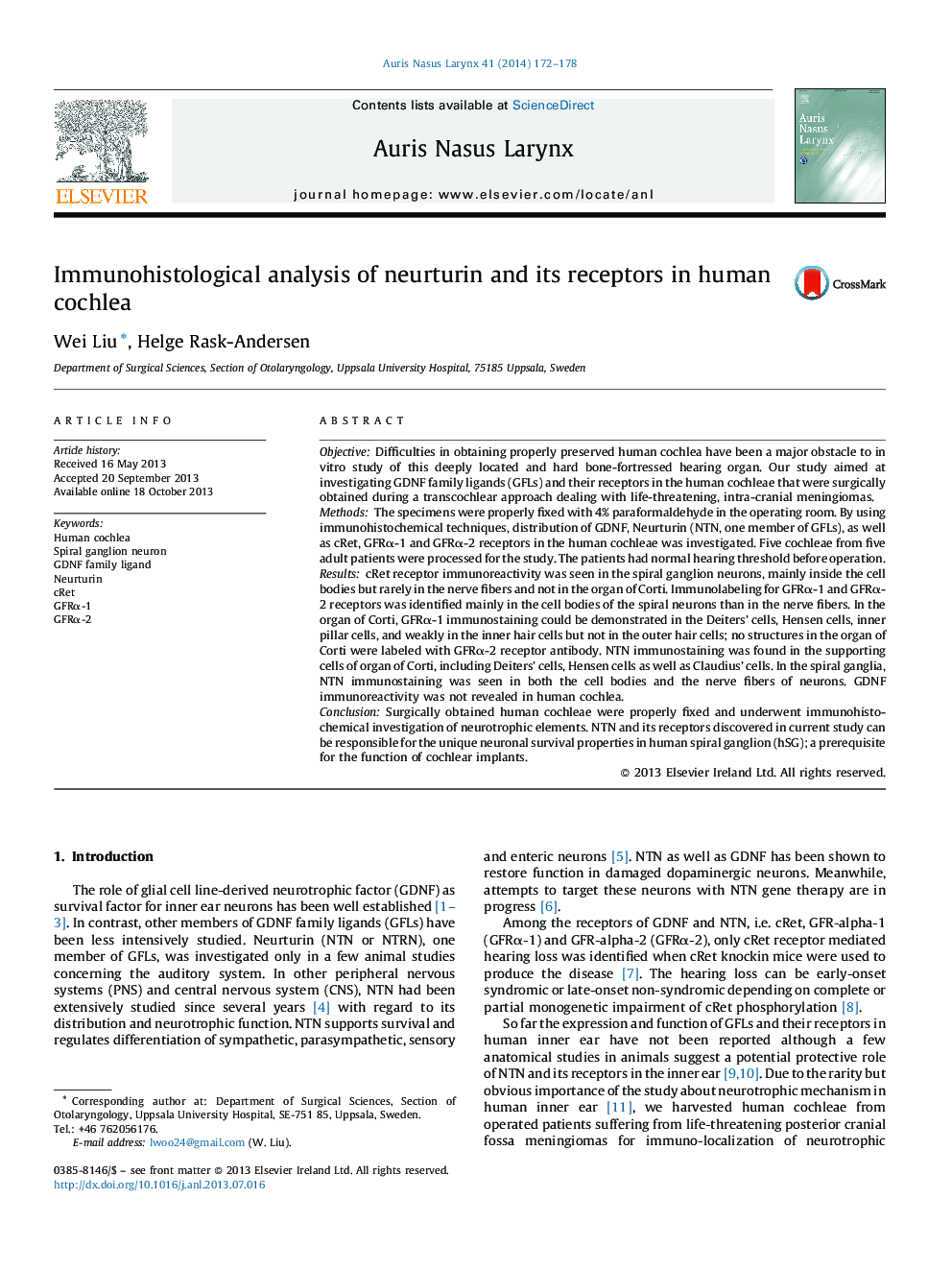 Immunohistological analysis of neurturin and its receptors in human cochlea