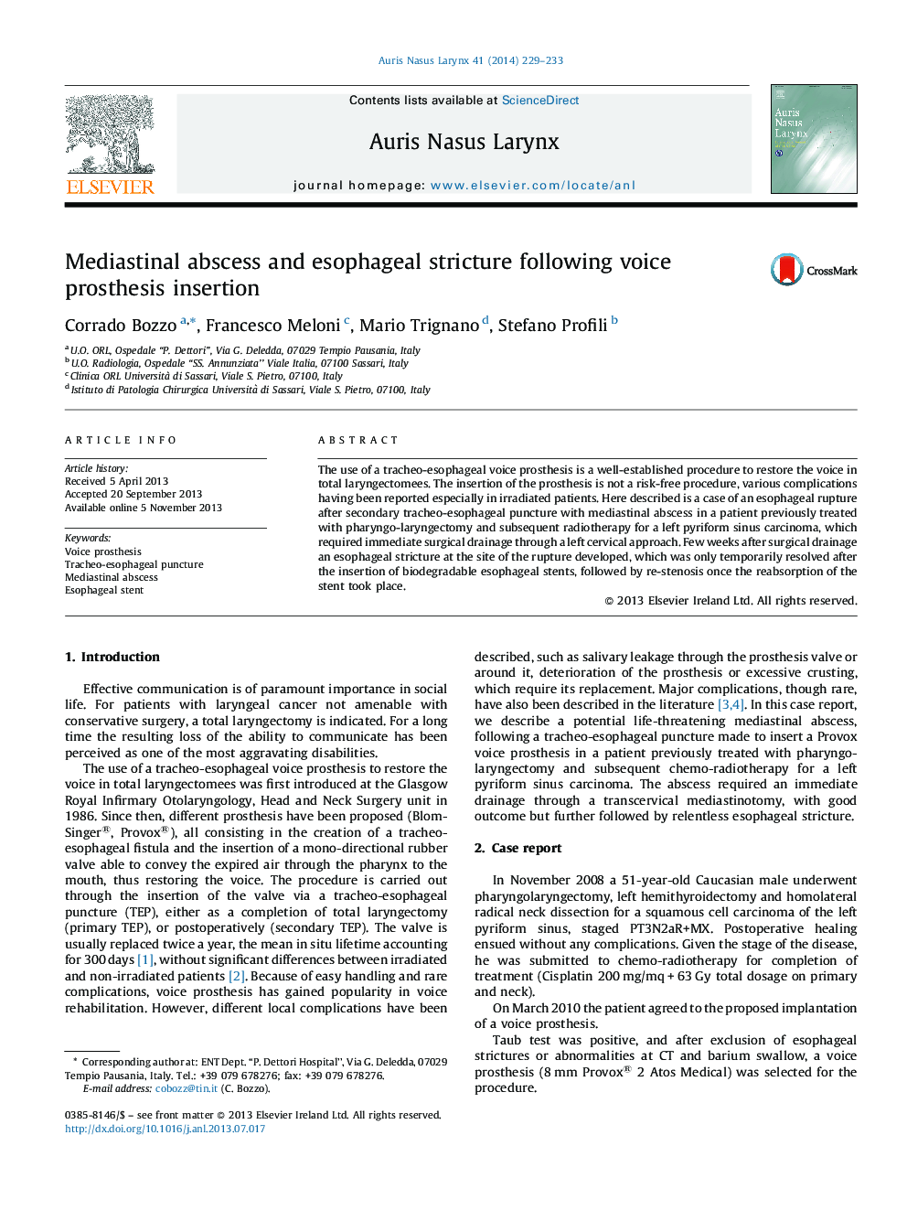 Mediastinal abscess and esophageal stricture following voice prosthesis insertion