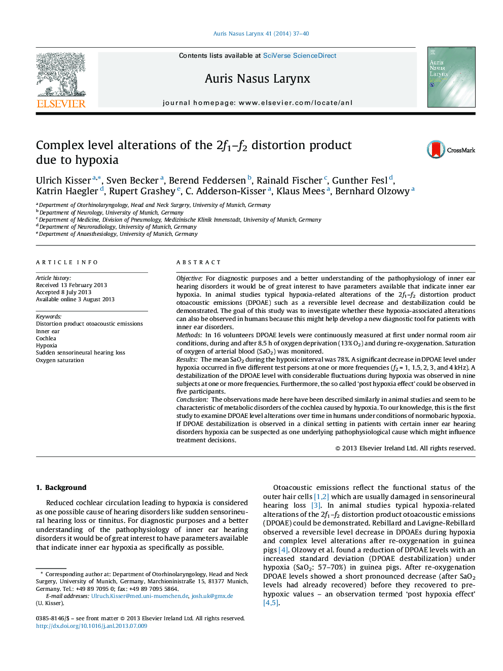 Complex level alterations of the 2f1-f2 distortion product due to hypoxia