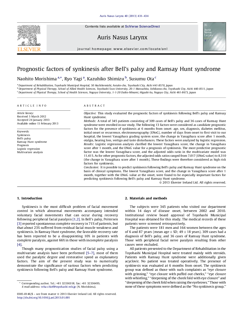 Prognostic factors of synkinesis after Bell's palsy and Ramsay Hunt syndrome