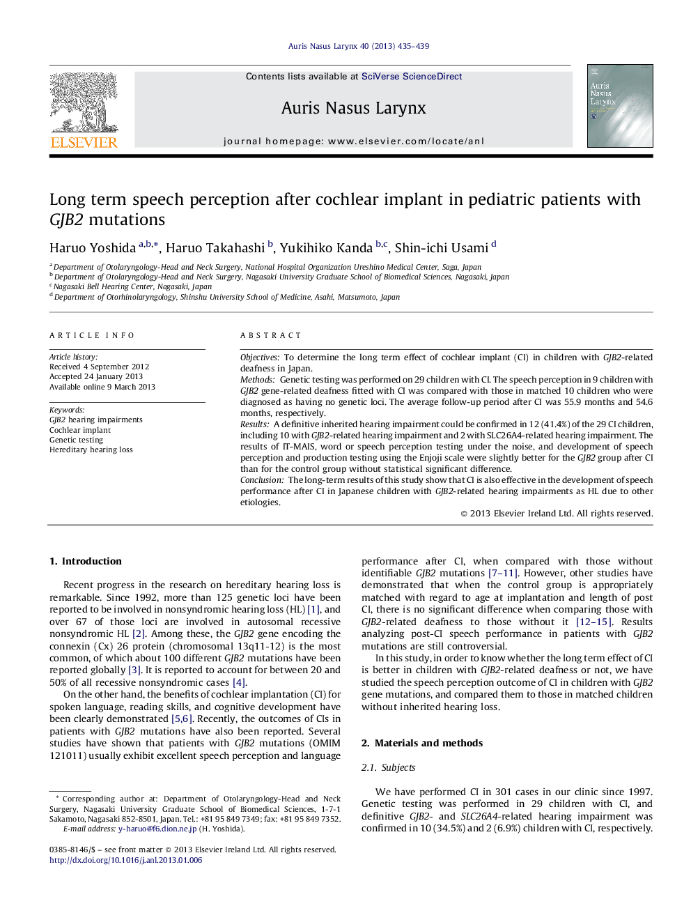 Long term speech perception after cochlear implant in pediatric patients with GJB2 mutations