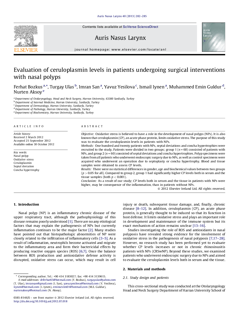 Evaluation of ceruloplasmin levels in patients undergoing surgical interventions with nasal polyps