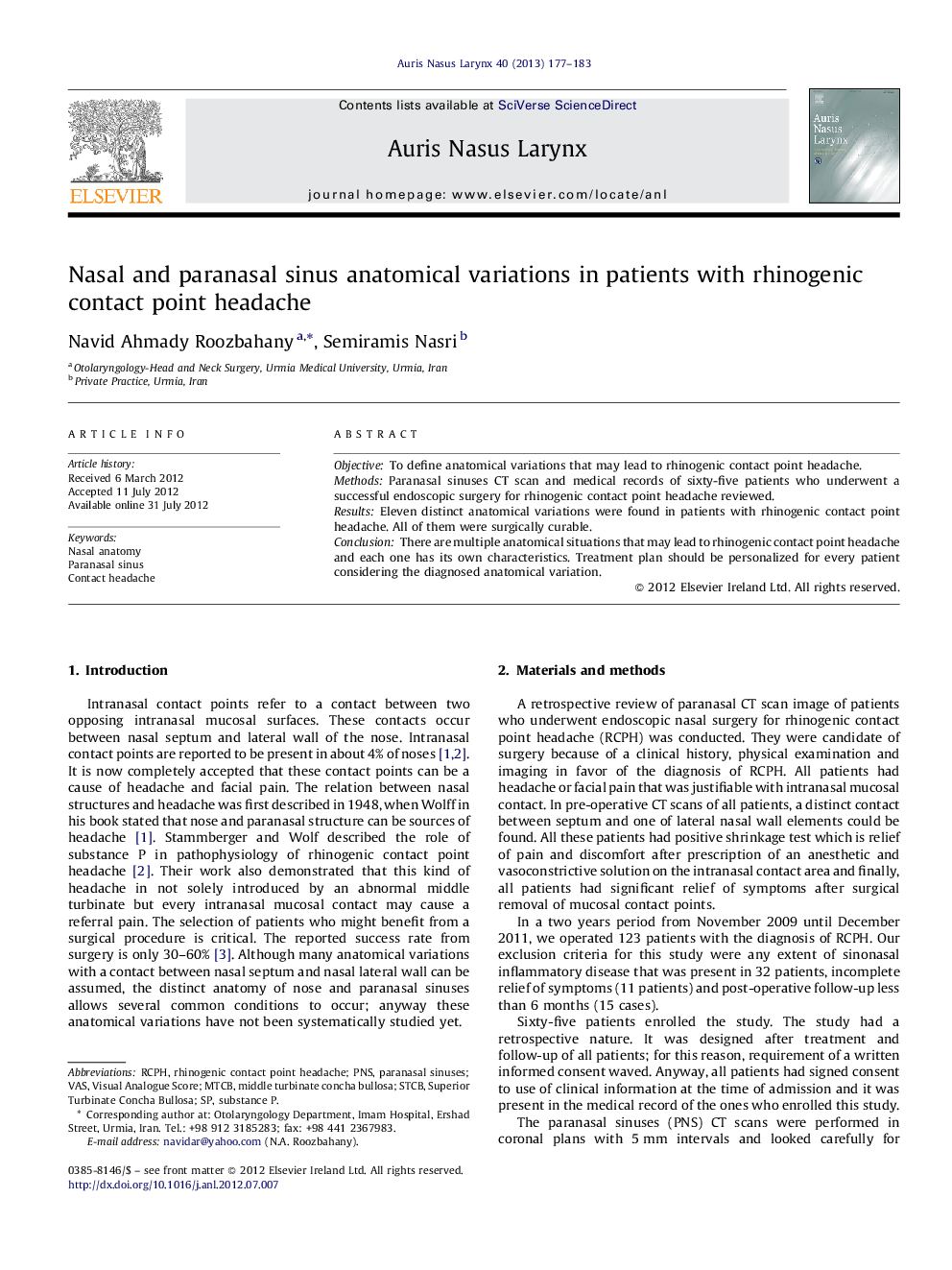 Nasal and paranasal sinus anatomical variations in patients with rhinogenic contact point headache