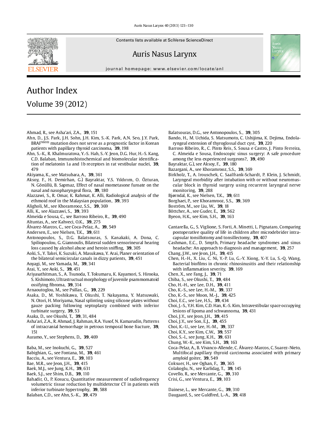 Author Index Volume 39 (2012)