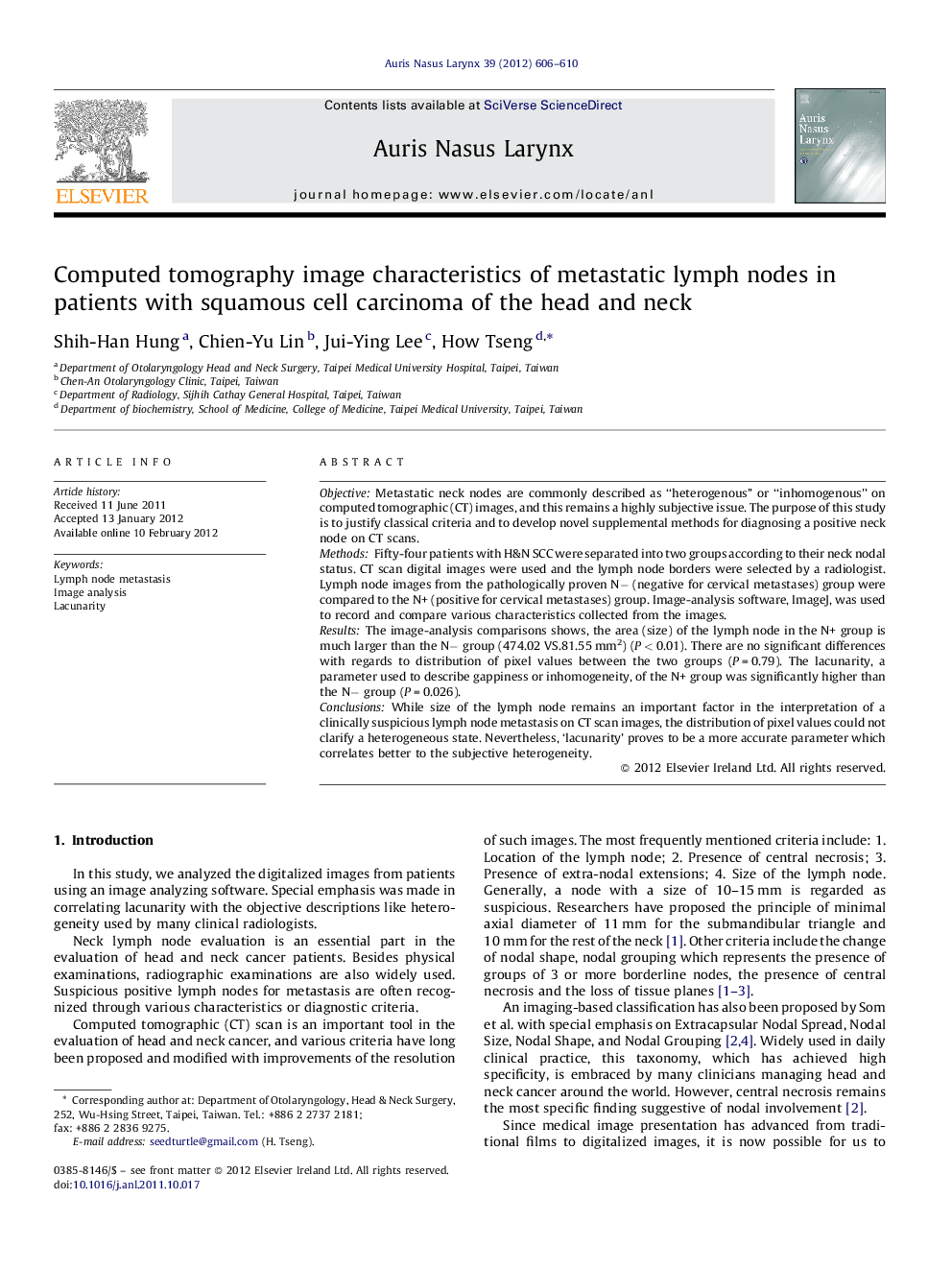 Computed tomography image characteristics of metastatic lymph nodes in patients with squamous cell carcinoma of the head and neck