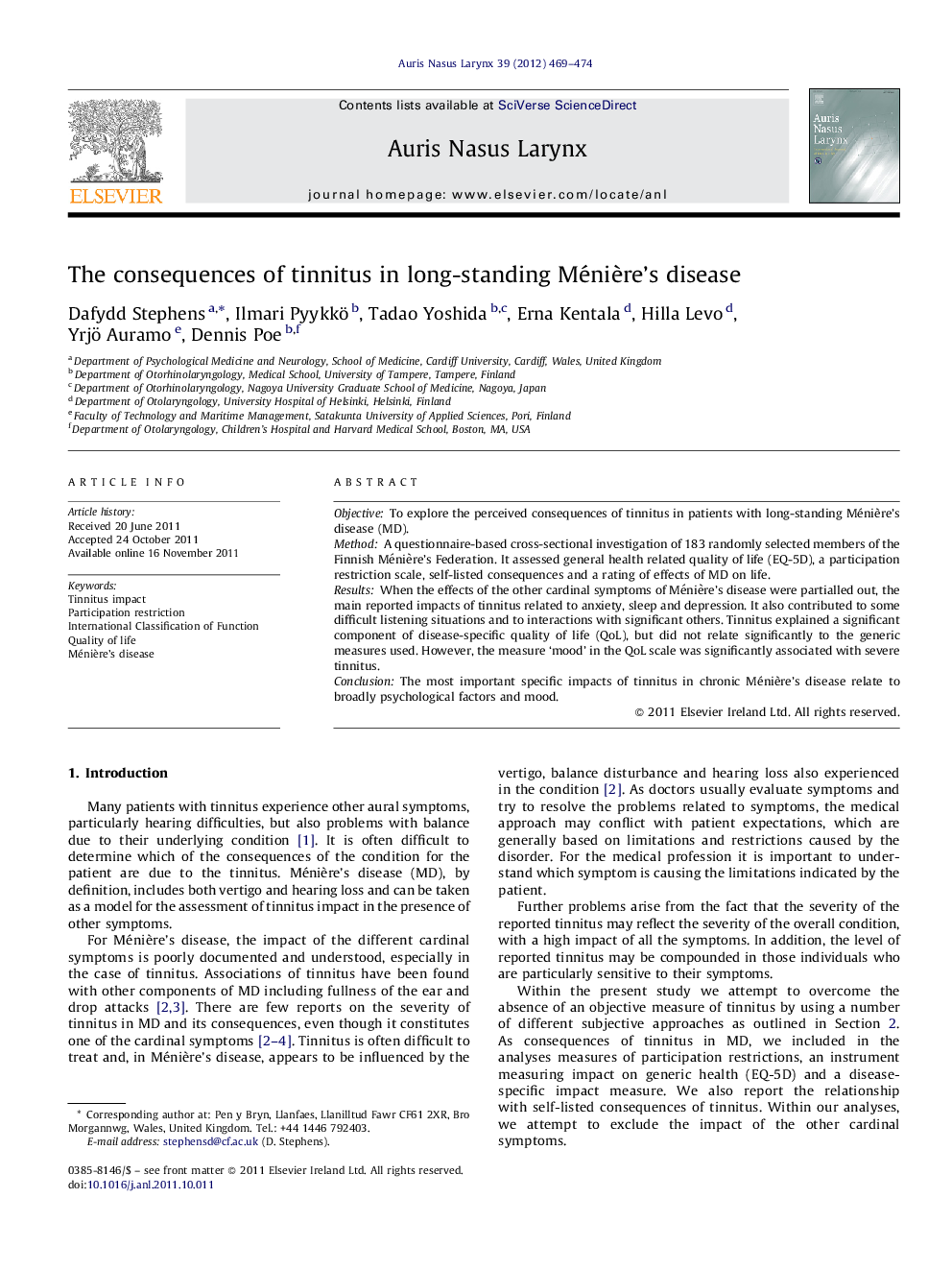 The consequences of tinnitus in long-standing MéniÃ¨re's disease