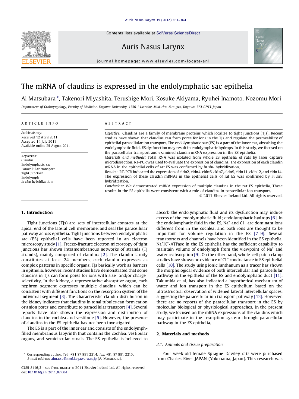 The mRNA of claudins is expressed in the endolymphatic sac epithelia