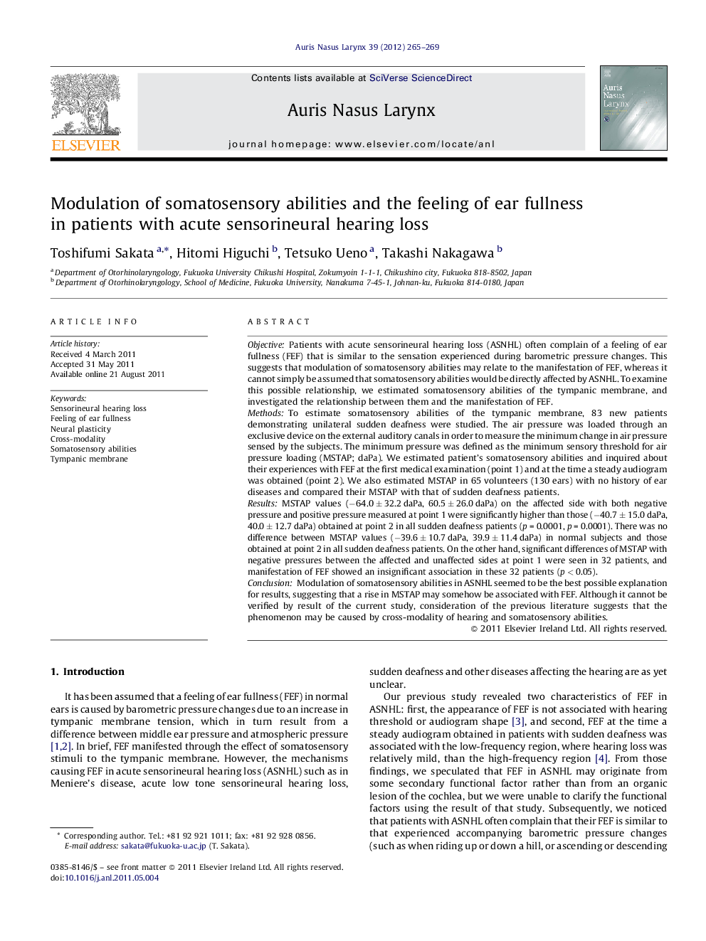 Modulation of somatosensory abilities and the feeling of ear fullness in patients with acute sensorineural hearing loss