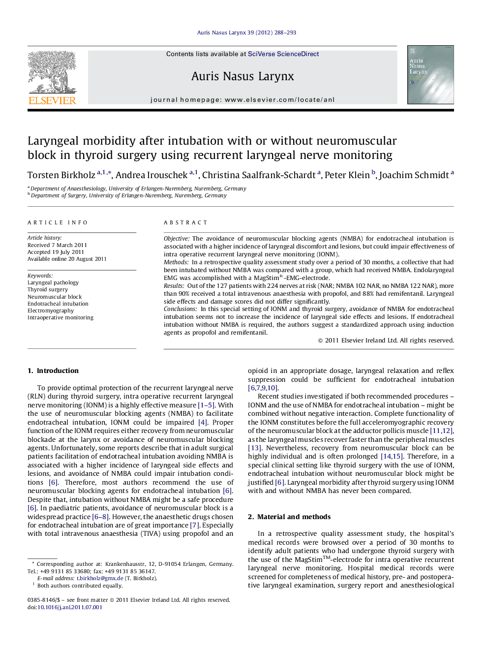 Laryngeal morbidity after intubation with or without neuromuscular block in thyroid surgery using recurrent laryngeal nerve monitoring