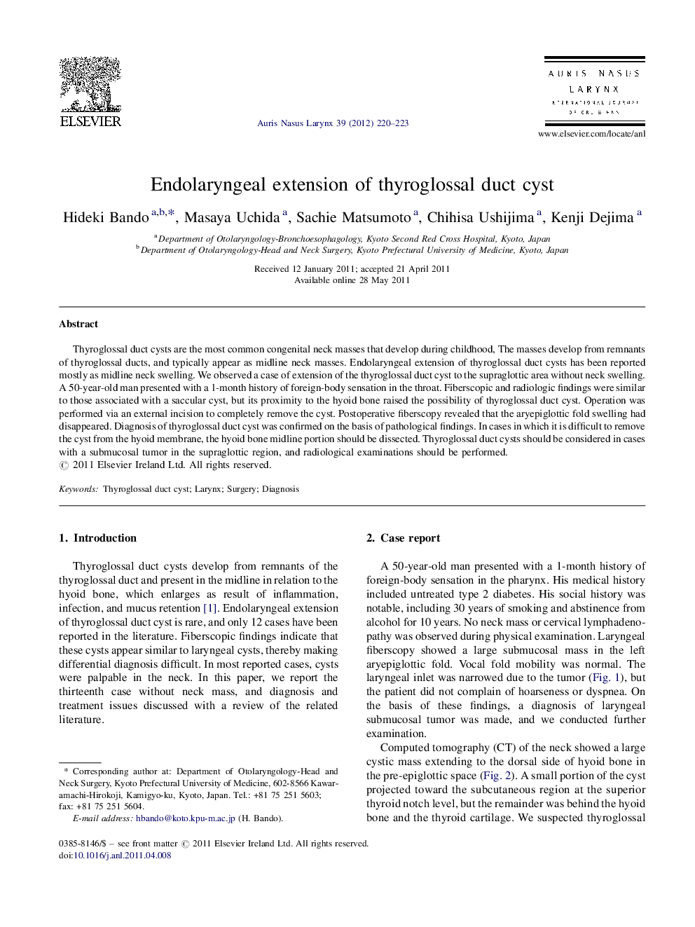 Endolaryngeal extension of thyroglossal duct cyst