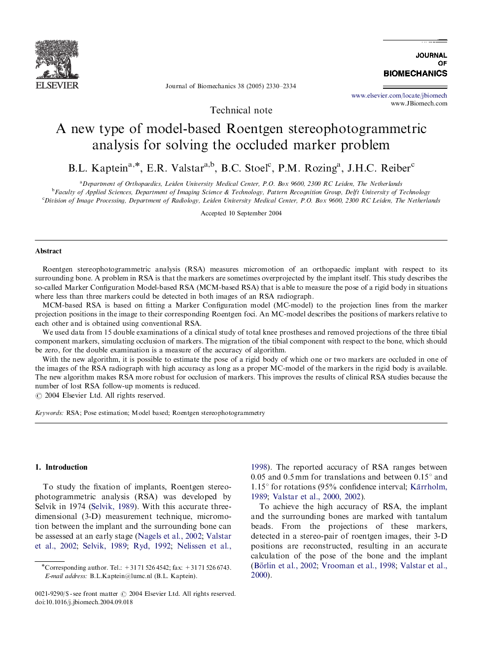 A new type of model-based Roentgen stereophotogrammetric analysis for solving the occluded marker problem