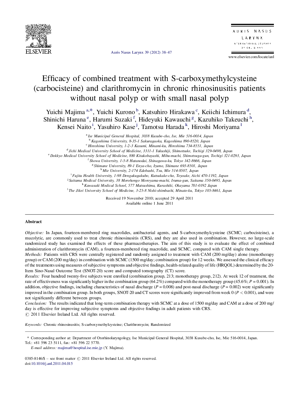 Efficacy of combined treatment with S-carboxymethylcysteine (carbocisteine) and clarithromycin in chronic rhinosinusitis patients without nasal polyp or with small nasal polyp