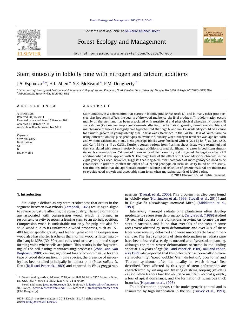 Stem sinuosity in loblolly pine with nitrogen and calcium additions