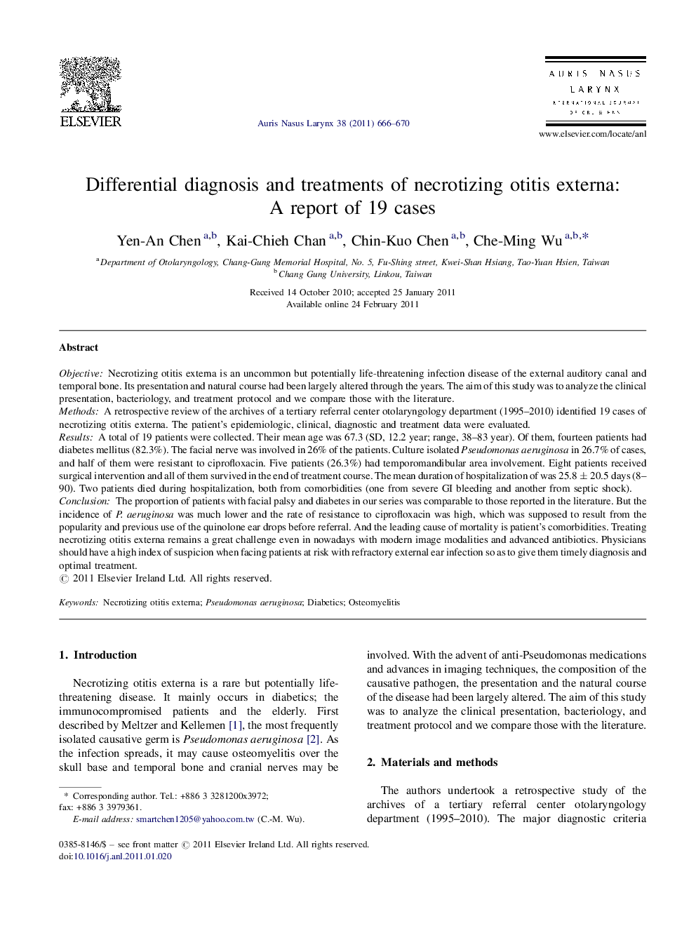 Differential diagnosis and treatments of necrotizing otitis externa: A report of 19 cases