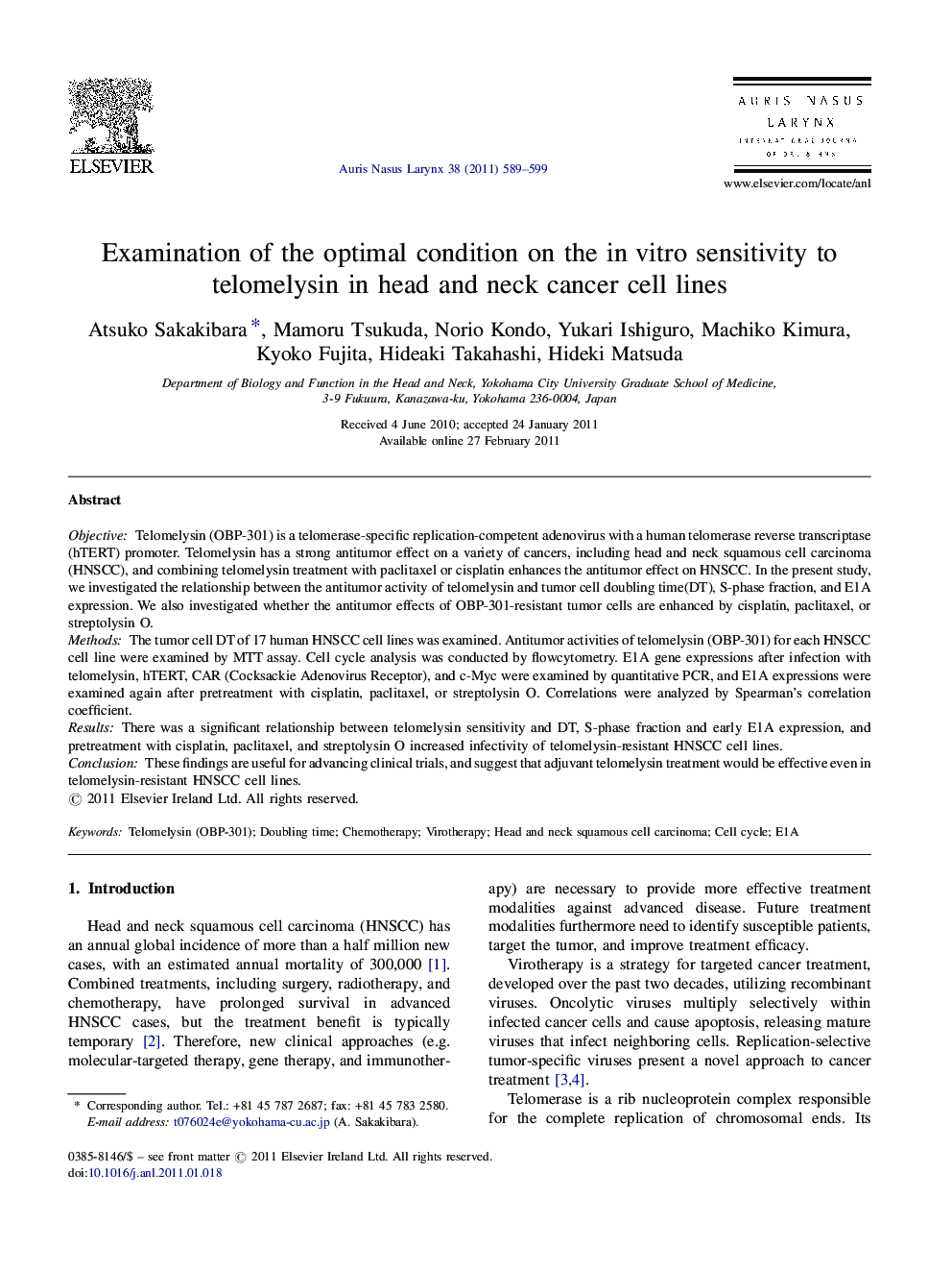 Examination of the optimal condition on the in vitro sensitivity to telomelysin in head and neck cancer cell lines