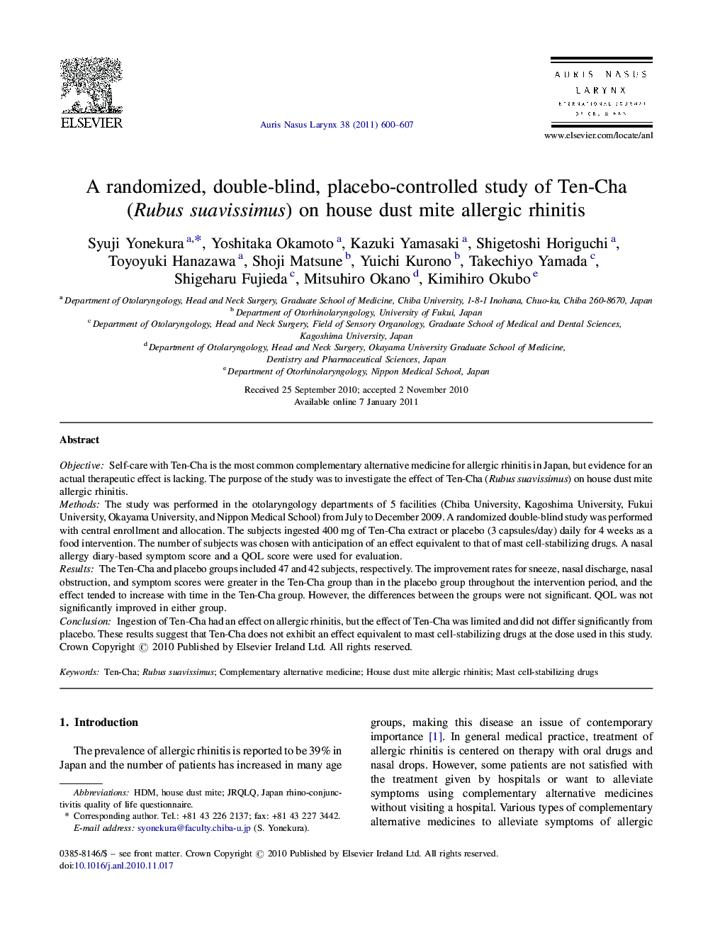 A randomized, double-blind, placebo-controlled study of Ten-Cha (Rubus suavissimus) on house dust mite allergic rhinitis