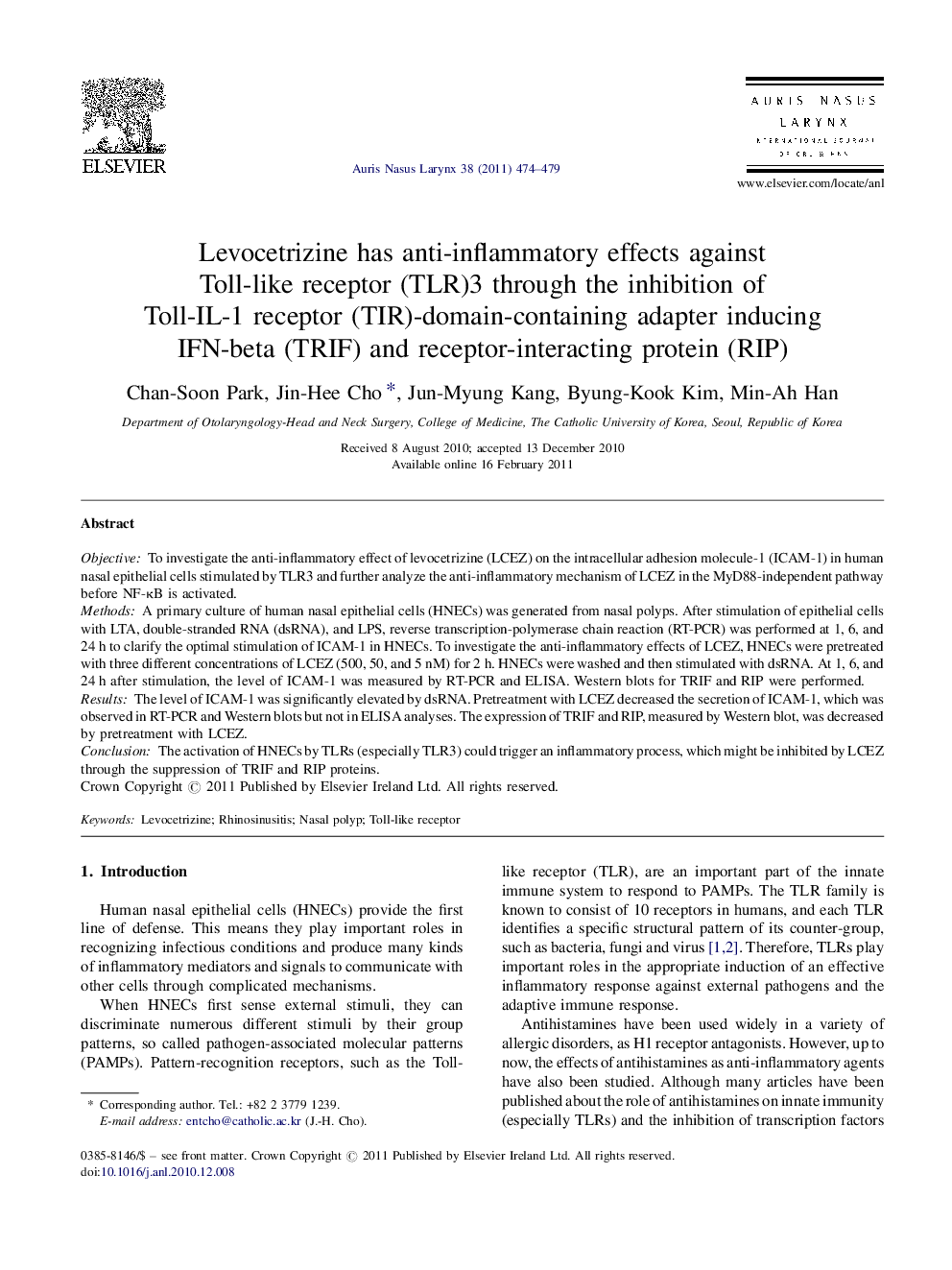 Levocetrizine has anti-inflammatory effects against Toll-like receptor (TLR)3 through the inhibition of Toll-IL-1 receptor (TIR)-domain-containing adapter inducing IFN-beta (TRIF) and receptor-interacting protein (RIP)