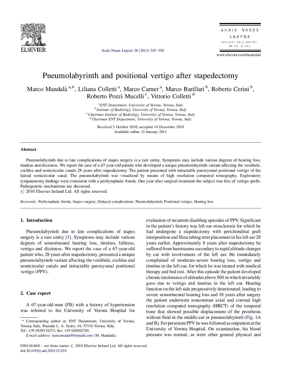 Pneumolabyrinth and positional vertigo after stapedectomy