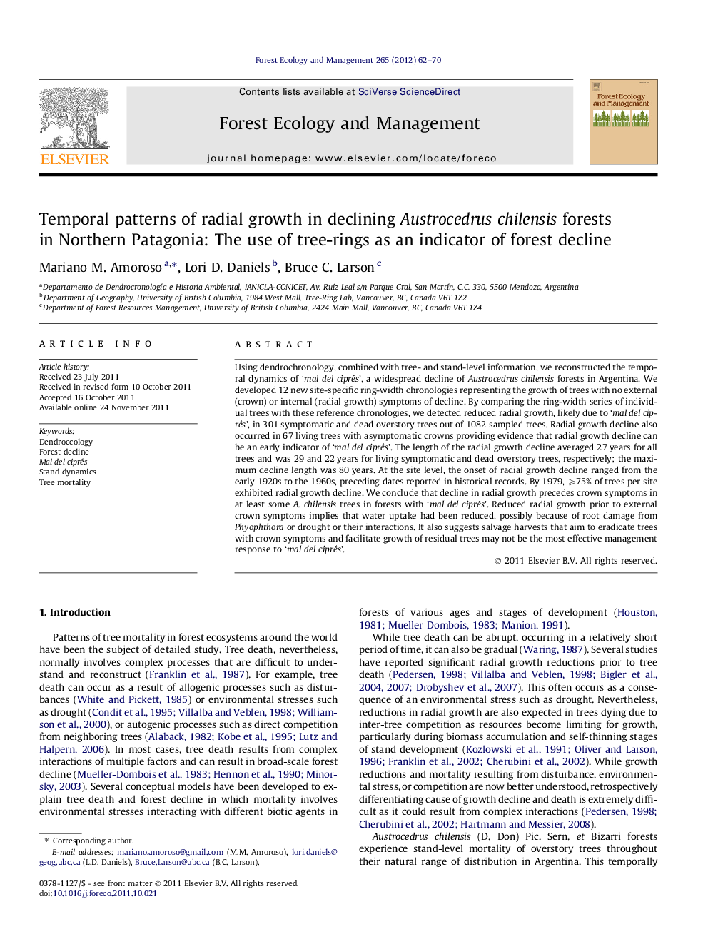 Temporal patterns of radial growth in declining Austrocedrus chilensis forests in Northern Patagonia: The use of tree-rings as an indicator of forest decline