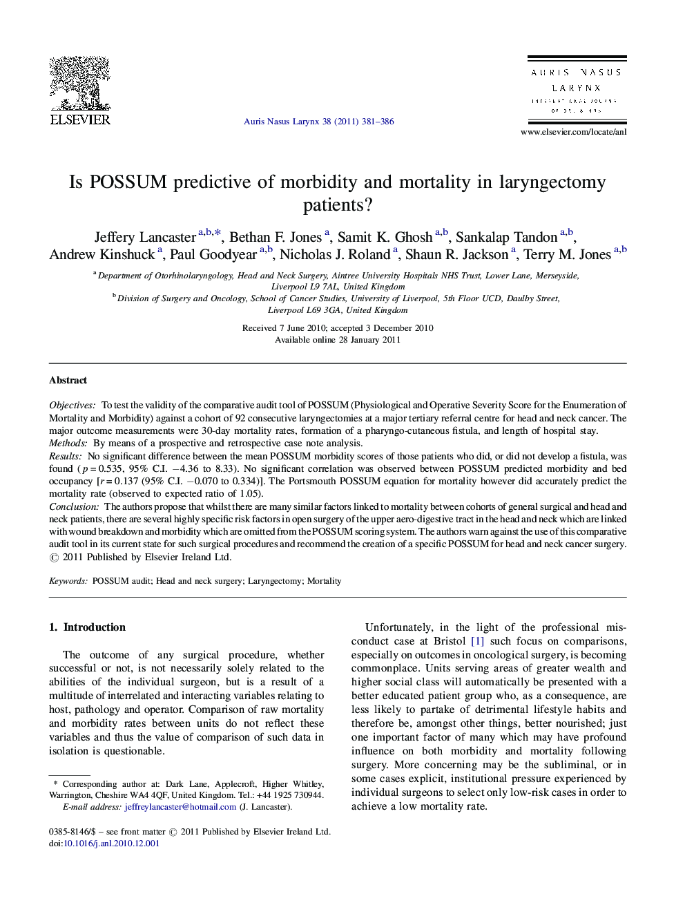 Is POSSUM predictive of morbidity and mortality in laryngectomy patients?