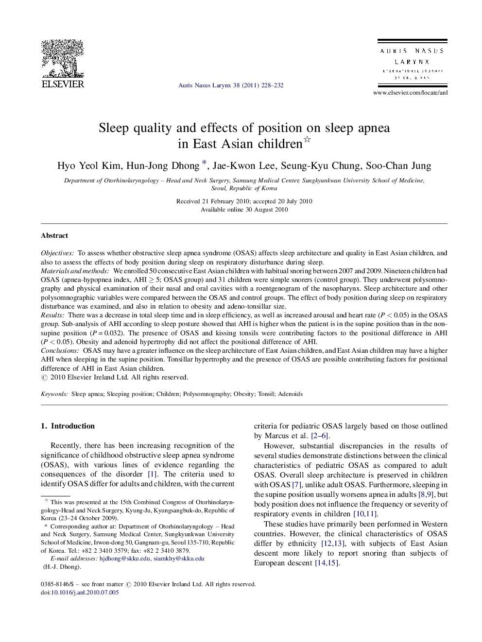 Sleep quality and effects of position on sleep apnea in East Asian children