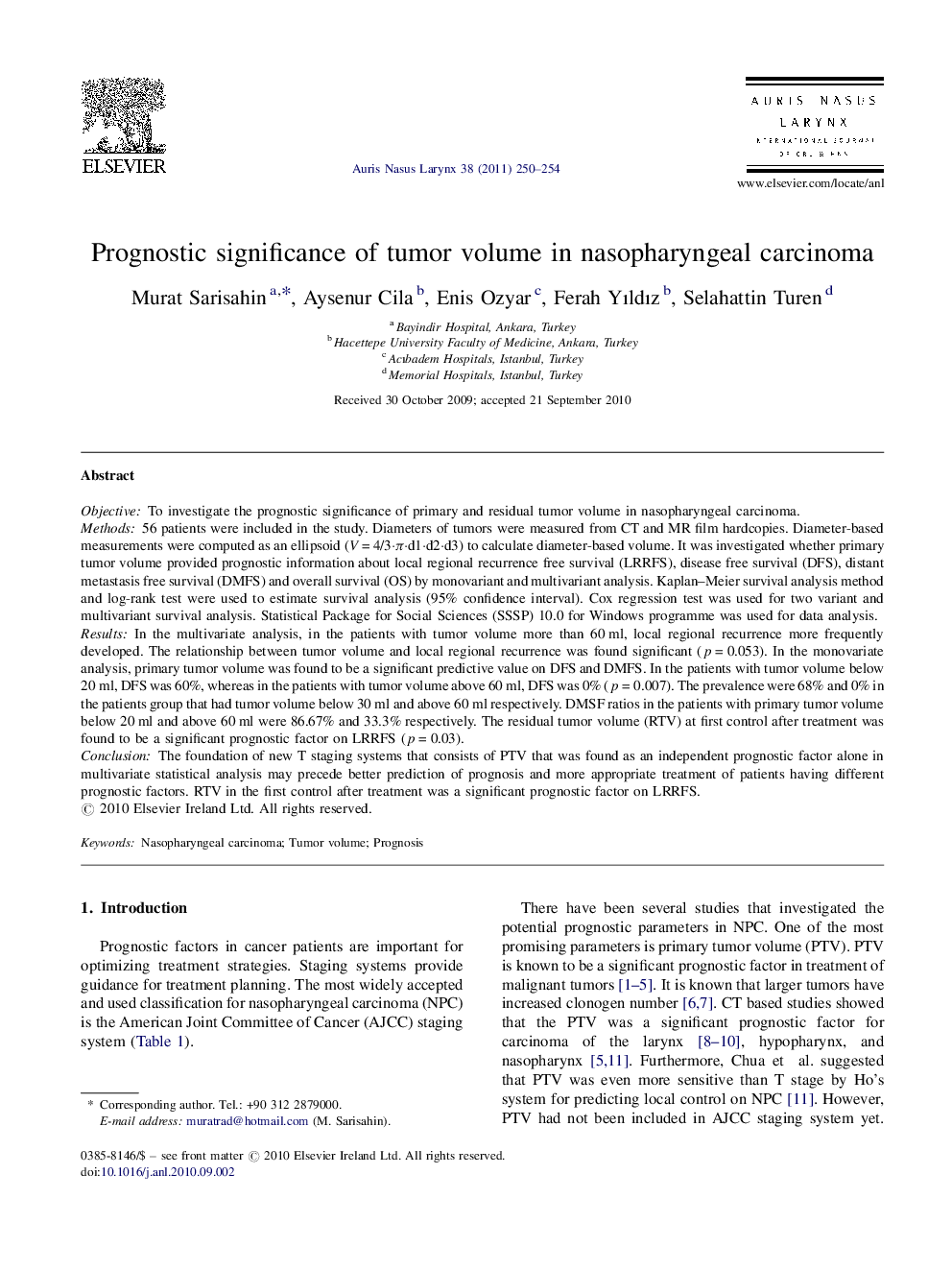 Prognostic significance of tumor volume in nasopharyngeal carcinoma