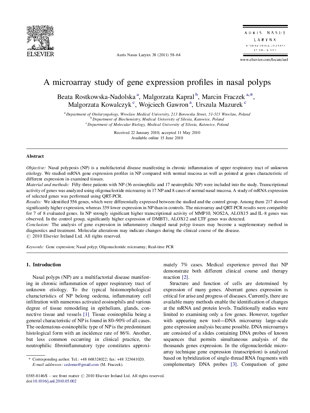 A microarray study of gene expression profiles in nasal polyps