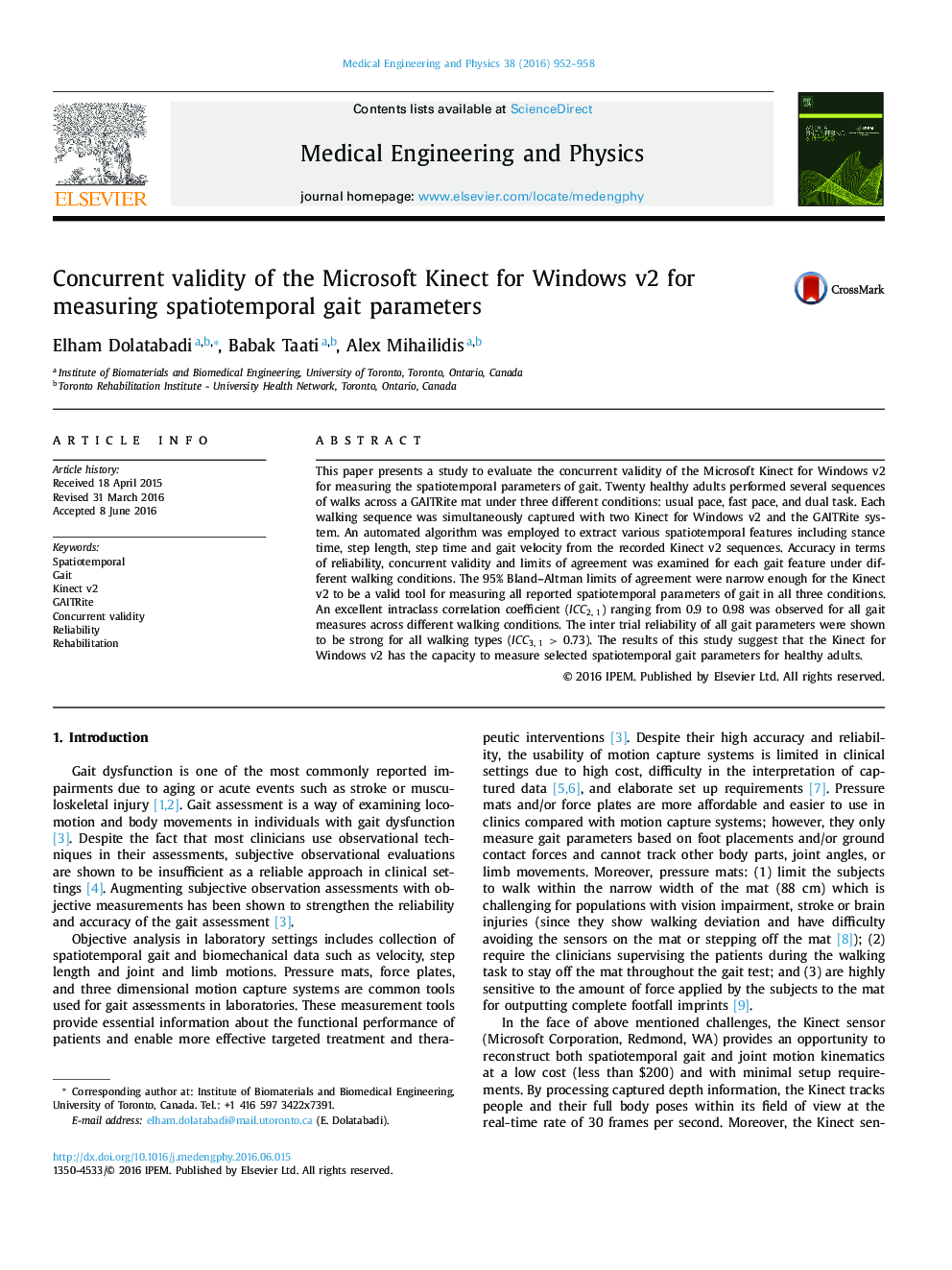 Concurrent validity of the Microsoft Kinect for Windows v2 for measuring spatiotemporal gait parameters