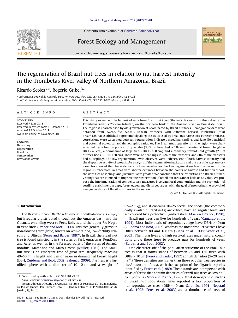 The regeneration of Brazil nut trees in relation to nut harvest intensity in the Trombetas River valley of Northern Amazonia, Brazil