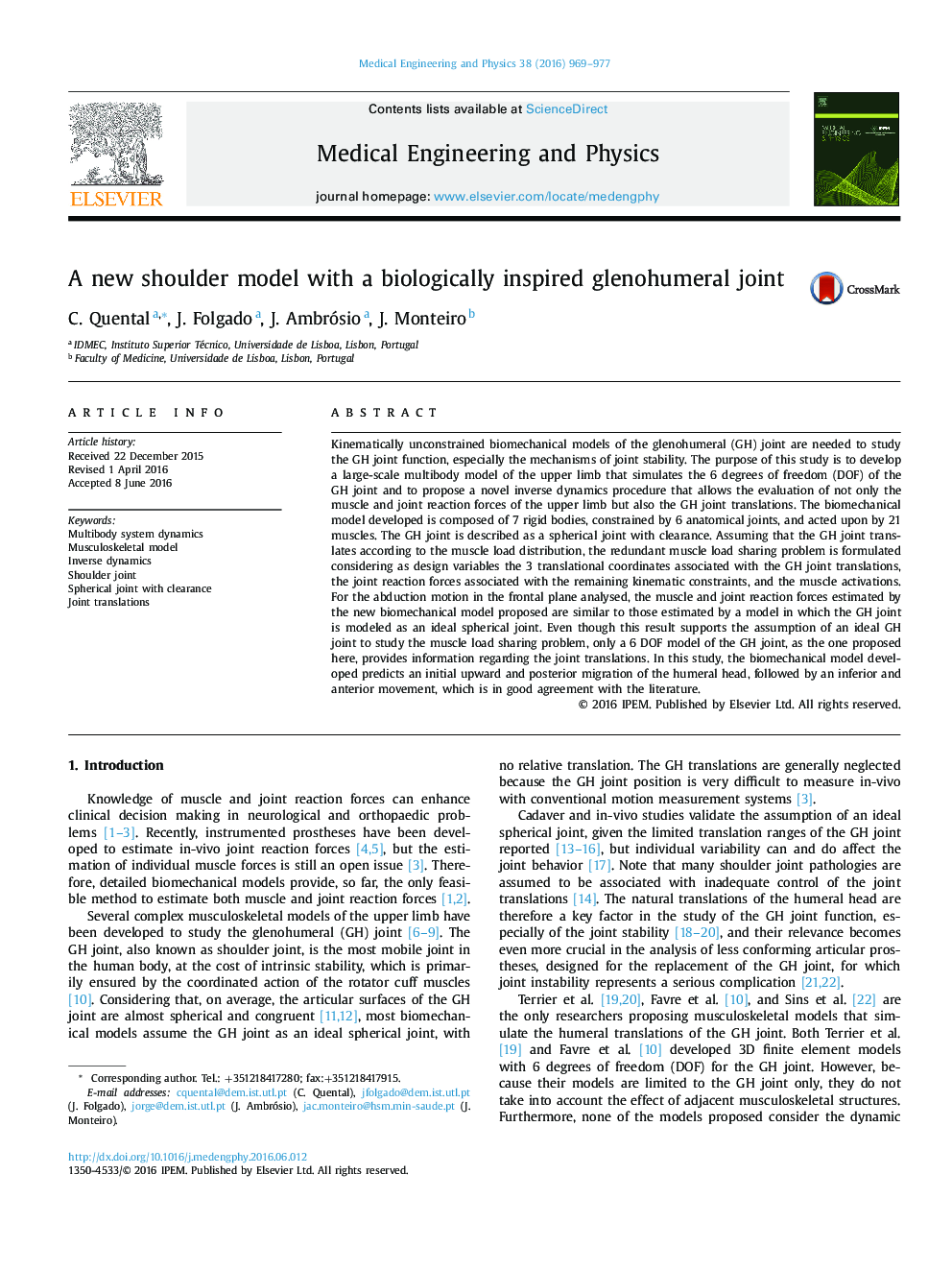 A new shoulder model with a biologically inspired glenohumeral joint