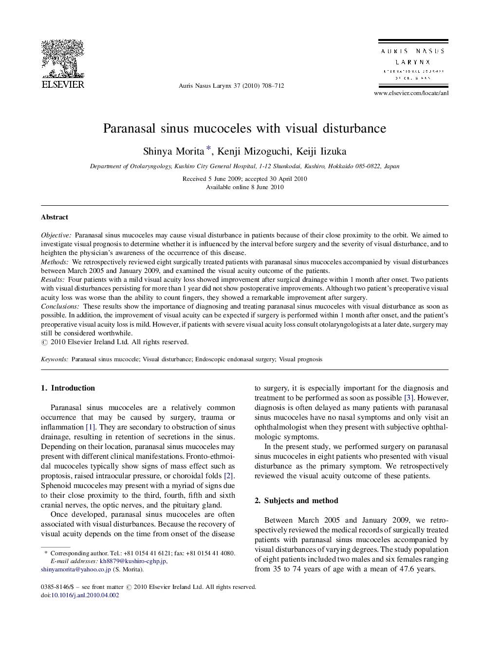 Paranasal sinus mucoceles with visual disturbance