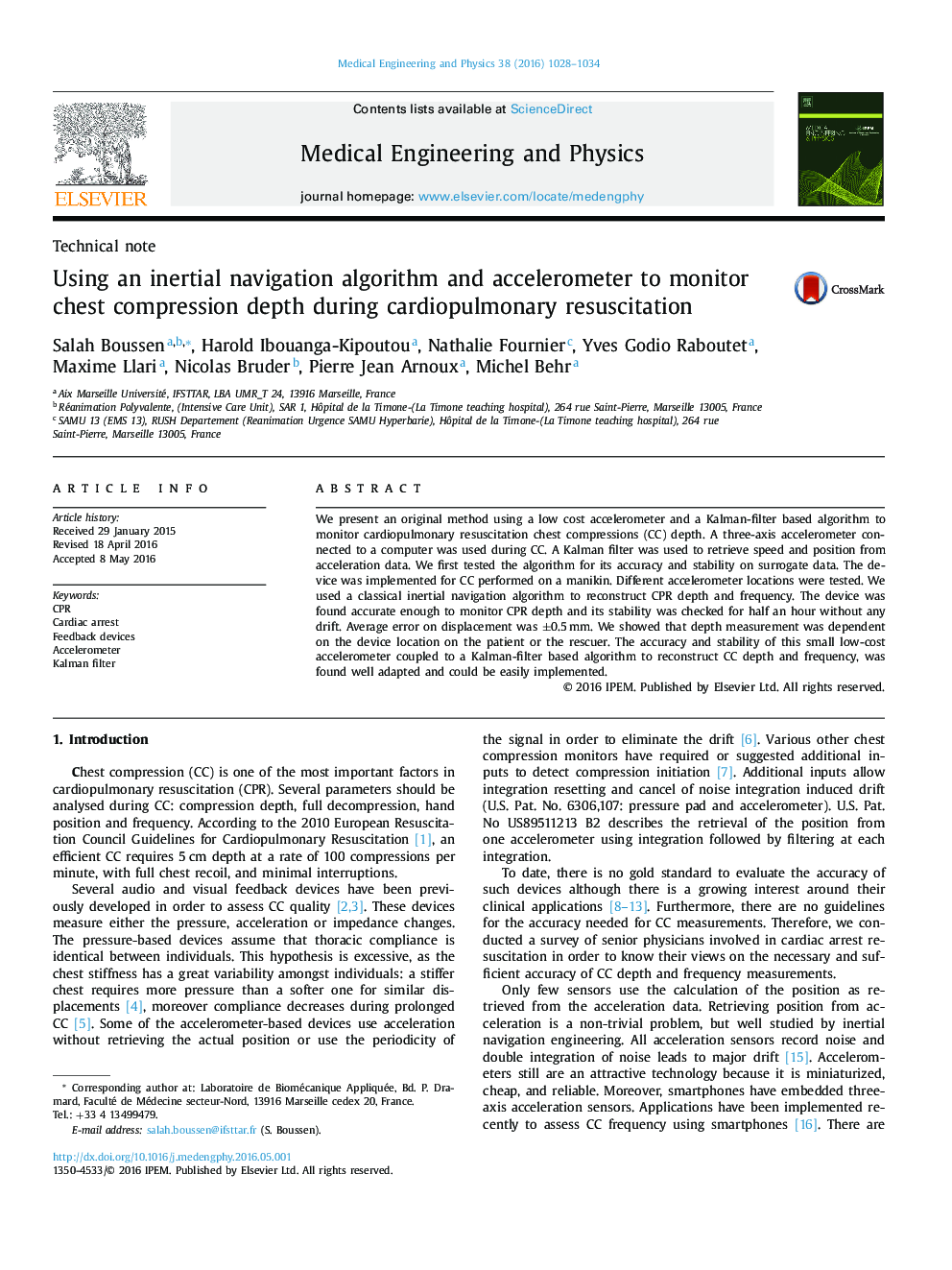 Using an inertial navigation algorithm and accelerometer to monitor chest compression depth during cardiopulmonary resuscitation