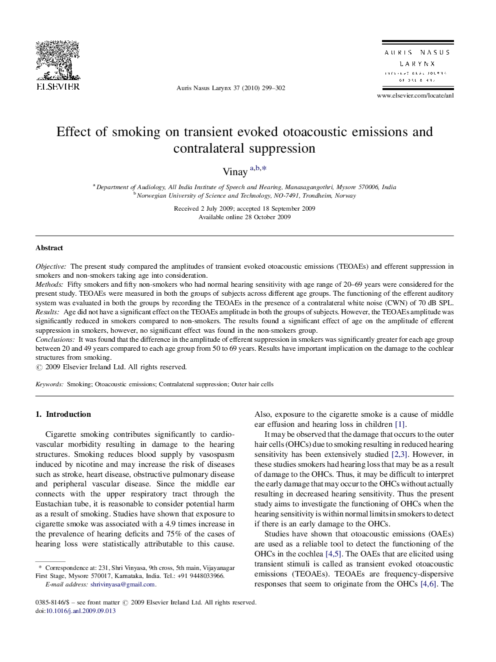 Effect of smoking on transient evoked otoacoustic emissions and contralateral suppression