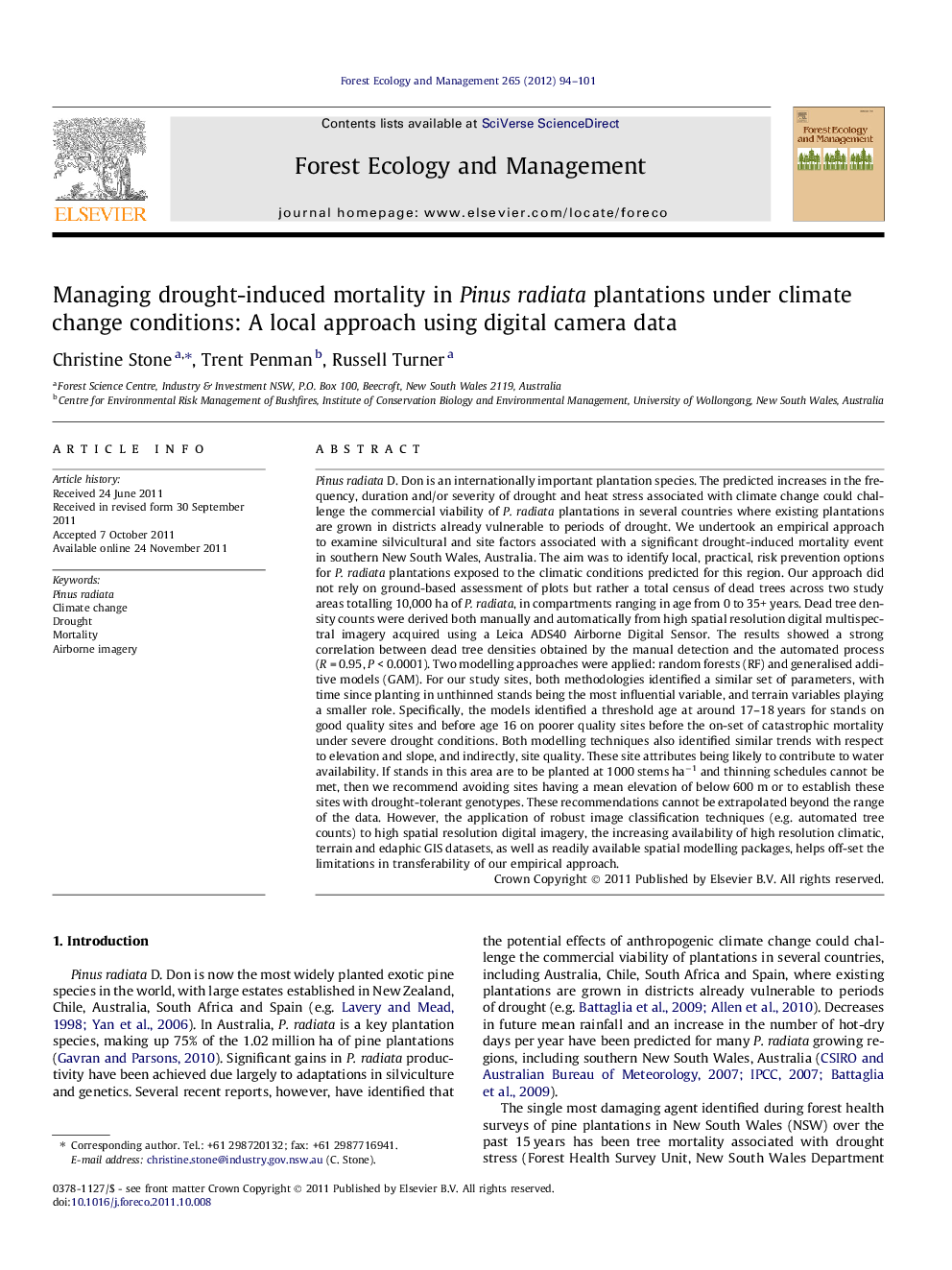 Managing drought-induced mortality in Pinus radiata plantations under climate change conditions: A local approach using digital camera data