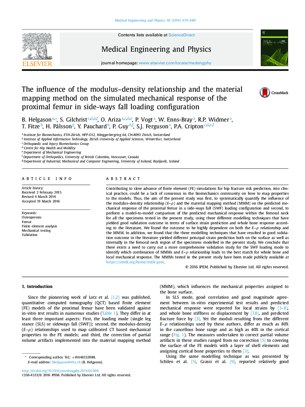 The influence of the modulus–density relationship and the material mapping method on the simulated mechanical response of the proximal femur in side-ways fall loading configuration