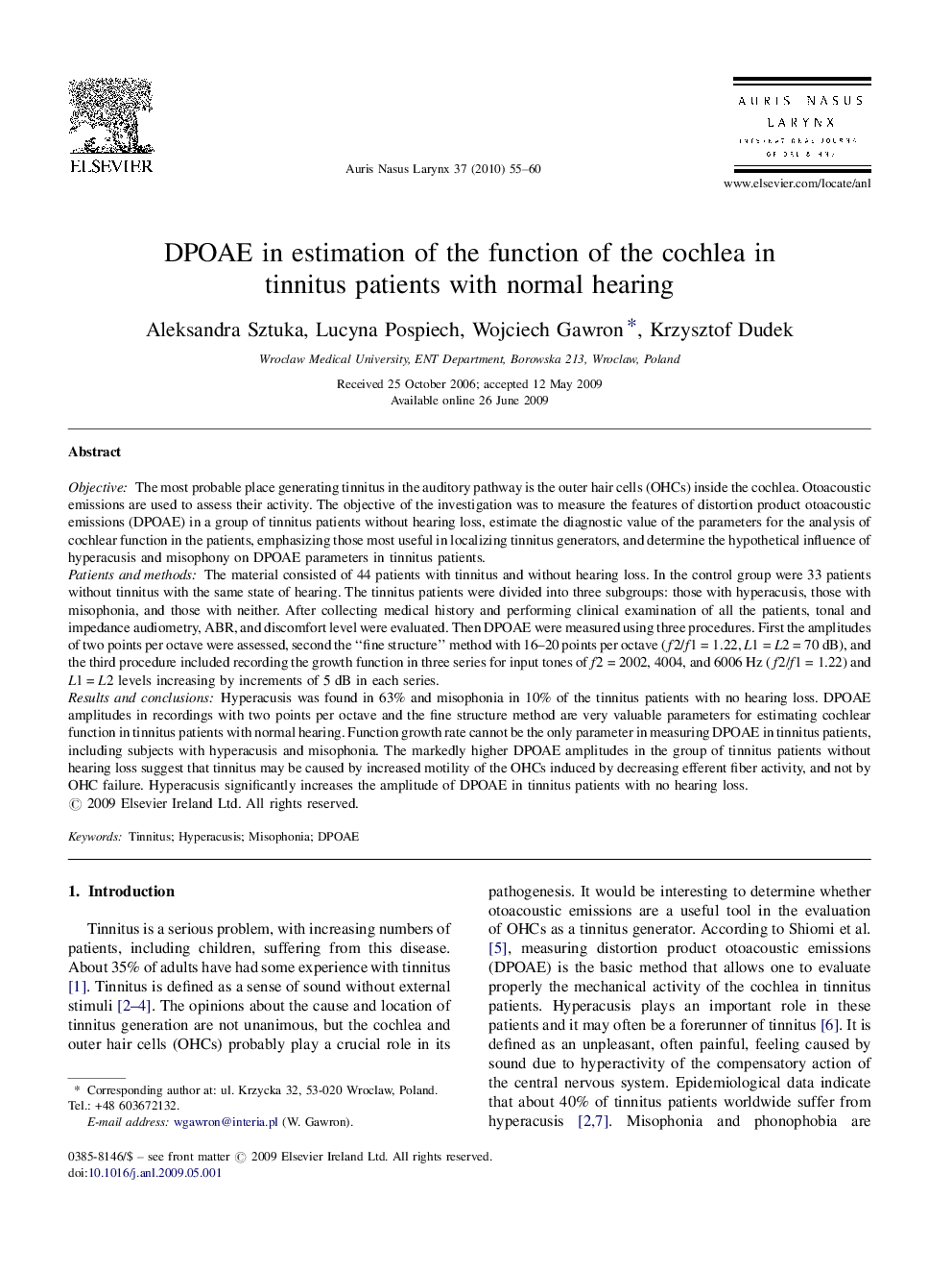 DPOAE in estimation of the function of the cochlea in tinnitus patients with normal hearing