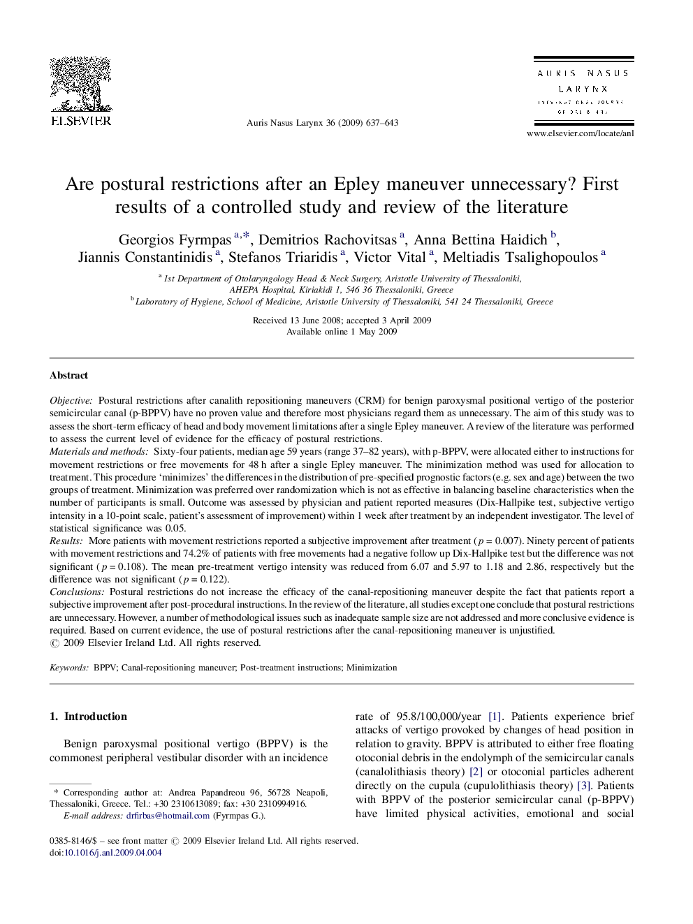 Are postural restrictions after an Epley maneuver unnecessary? First results of a controlled study and review of the literature