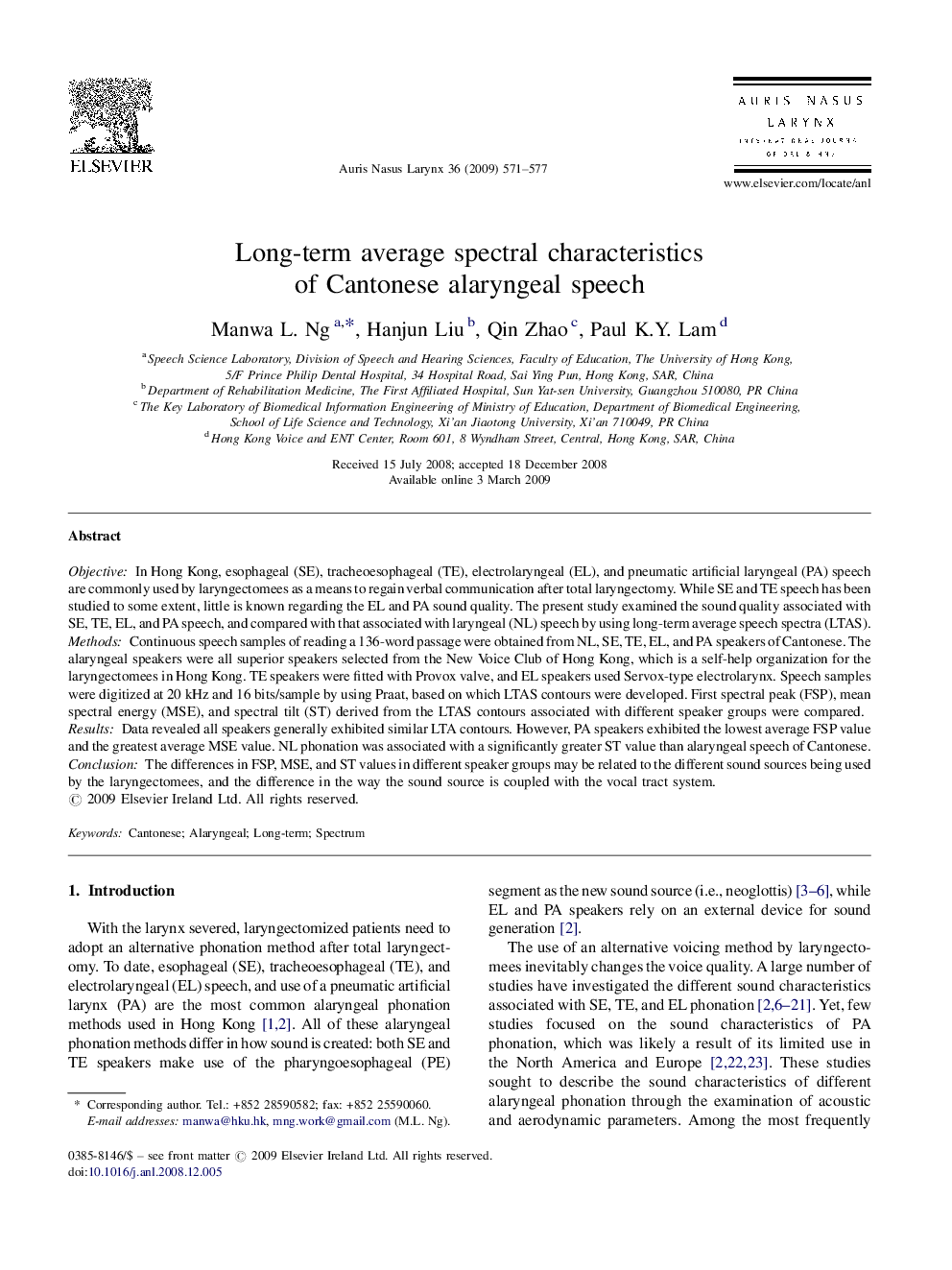 Long-term average spectral characteristics of Cantonese alaryngeal speech