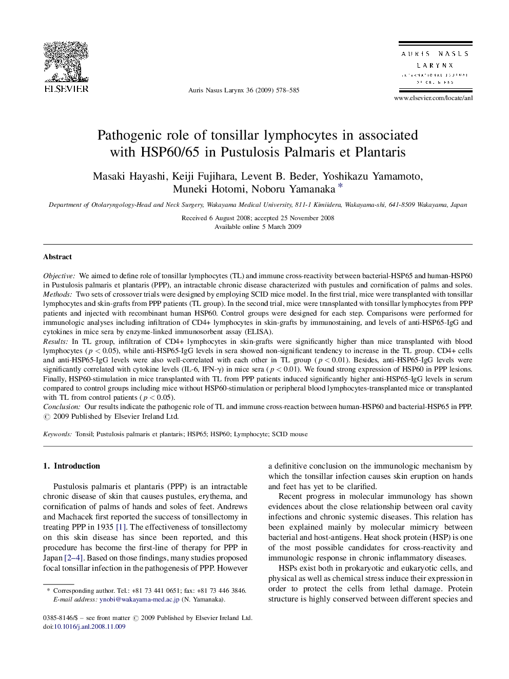 Pathogenic role of tonsillar lymphocytes in associated with HSP60/65 in Pustulosis Palmaris et Plantaris