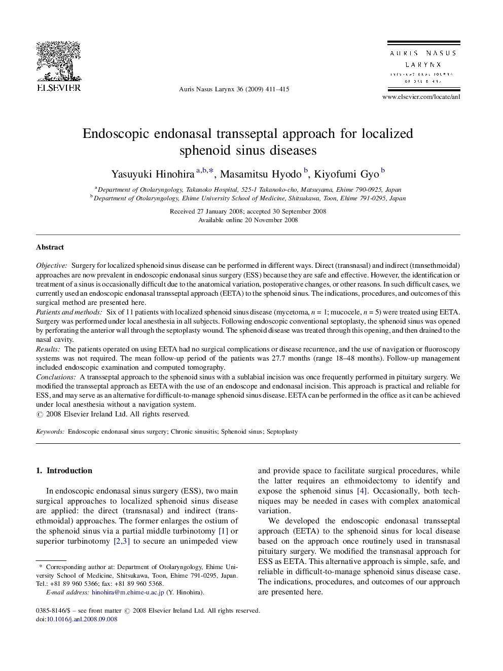 Endoscopic endonasal transseptal approach for localized sphenoid sinus diseases