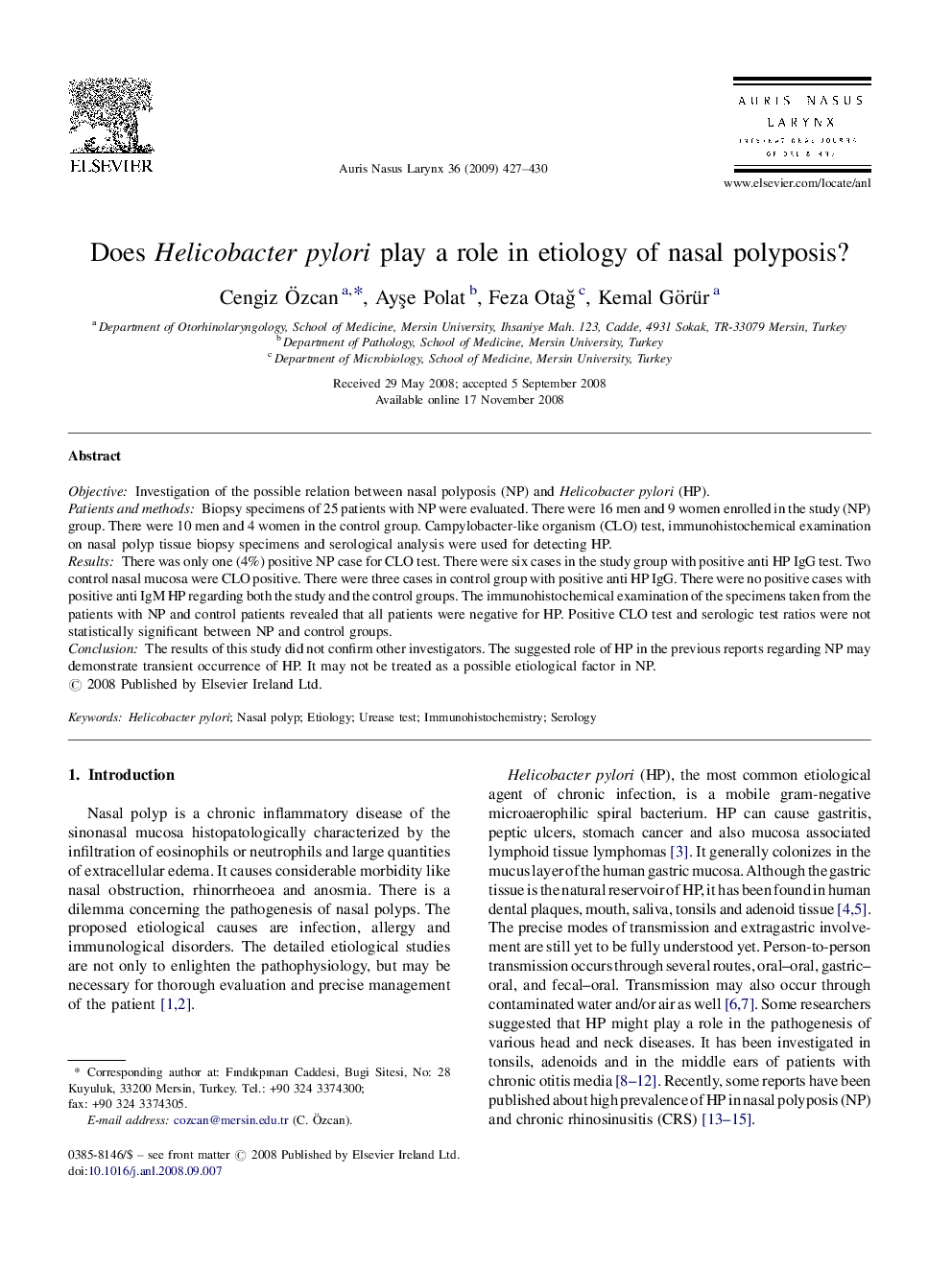 Does Helicobacter pylori play a role in etiology of nasal polyposis?