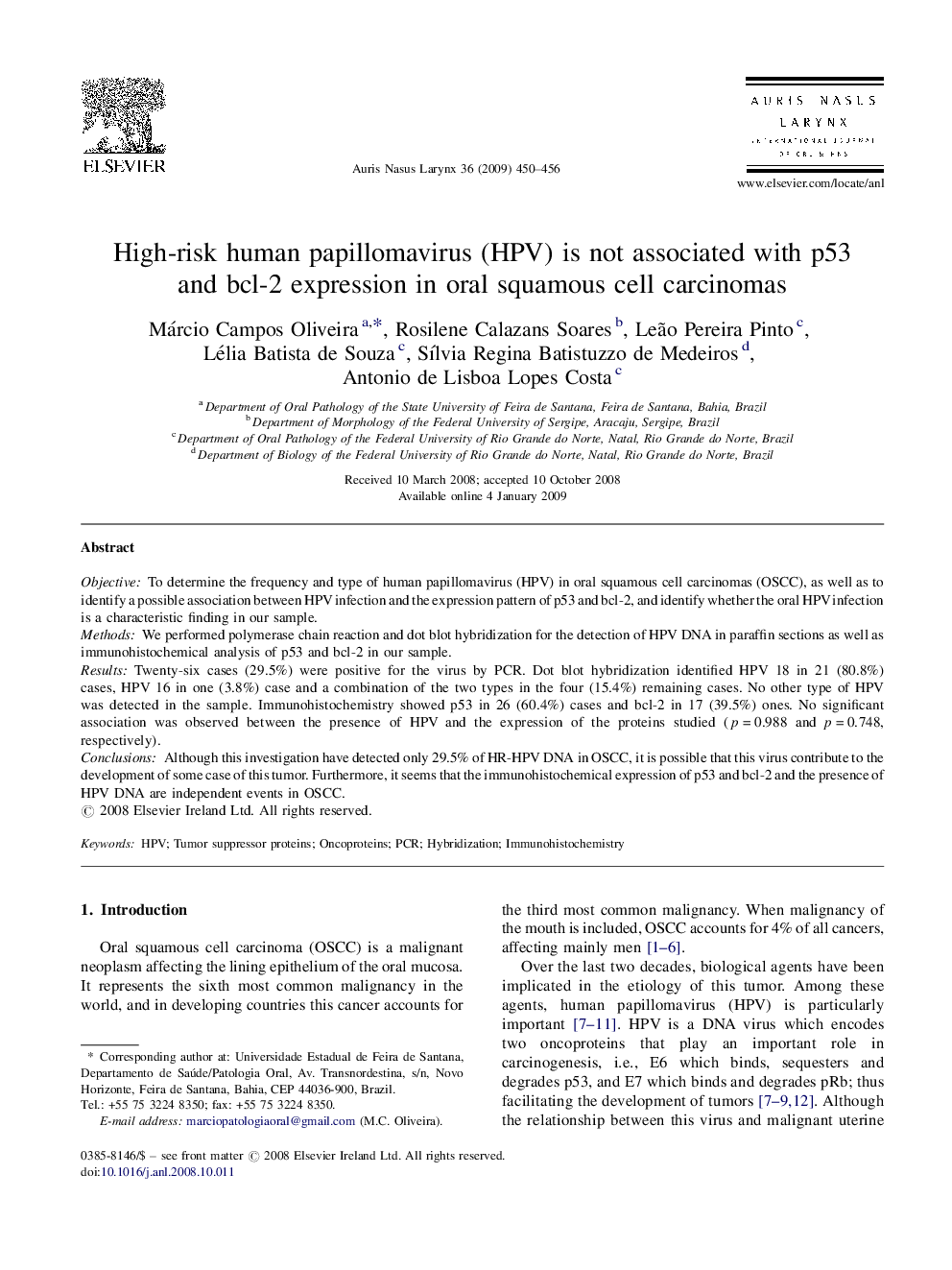 High-risk human papillomavirus (HPV) is not associated with p53 and bcl-2 expression in oral squamous cell carcinomas