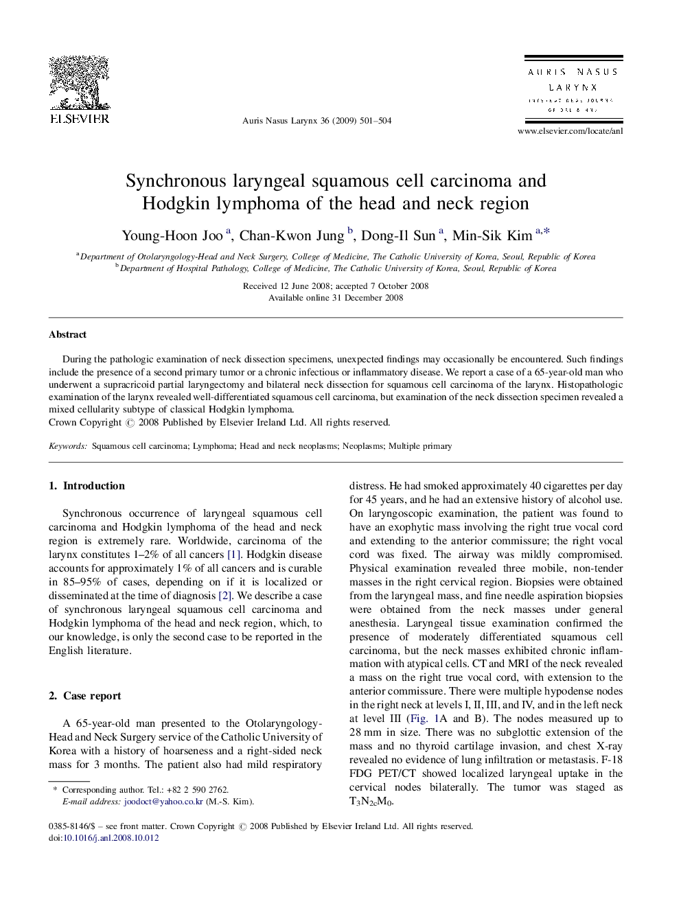 Synchronous laryngeal squamous cell carcinoma and Hodgkin lymphoma of the head and neck region