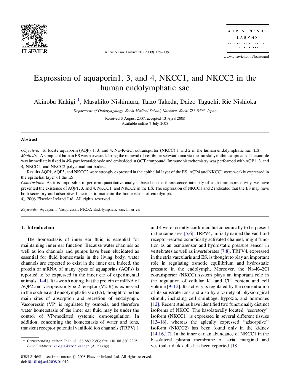 Expression of aquaporin1, 3, and 4, NKCC1, and NKCC2 in the human endolymphatic sac