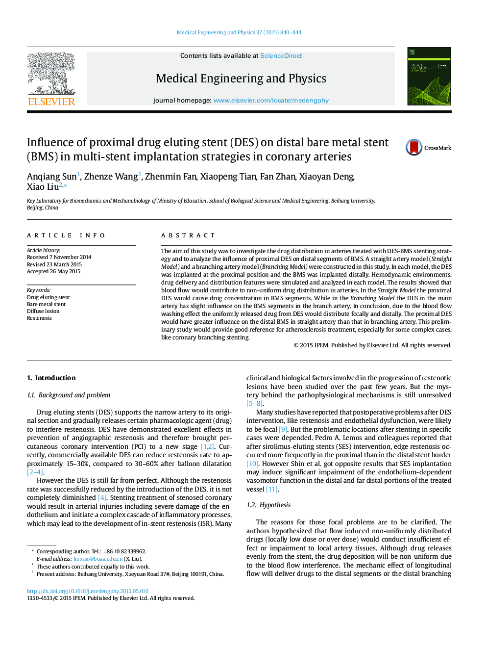 Influence of proximal drug eluting stent (DES) on distal bare metal stent (BMS) in multi-stent implantation strategies in coronary arteries