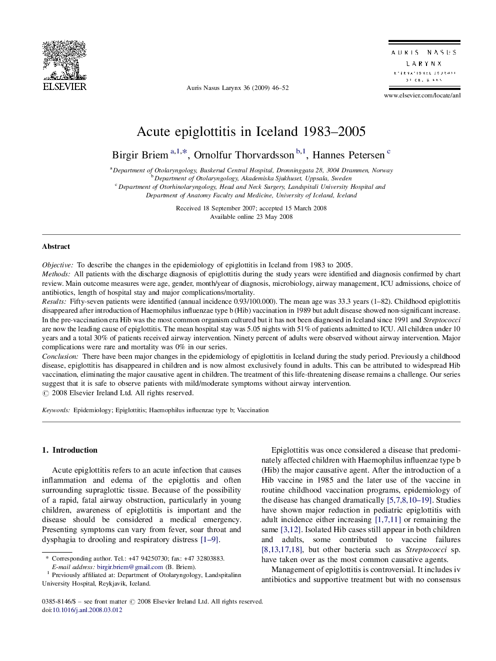 Acute epiglottitis in Iceland 1983-2005