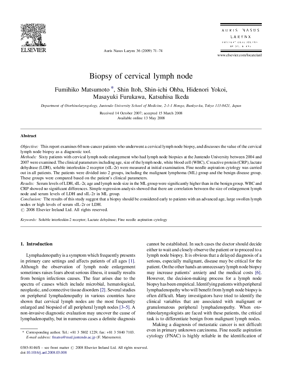 Biopsy of cervical lymph node